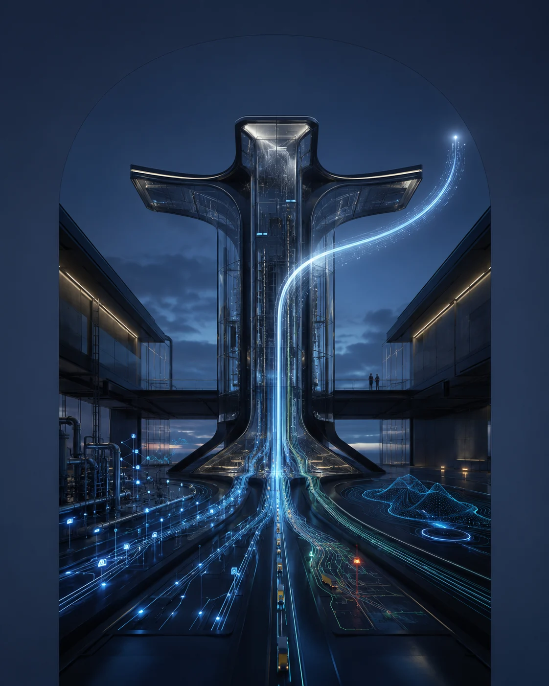 A glass control core resolving industrial, civic and logistics data streams into one clear upward path